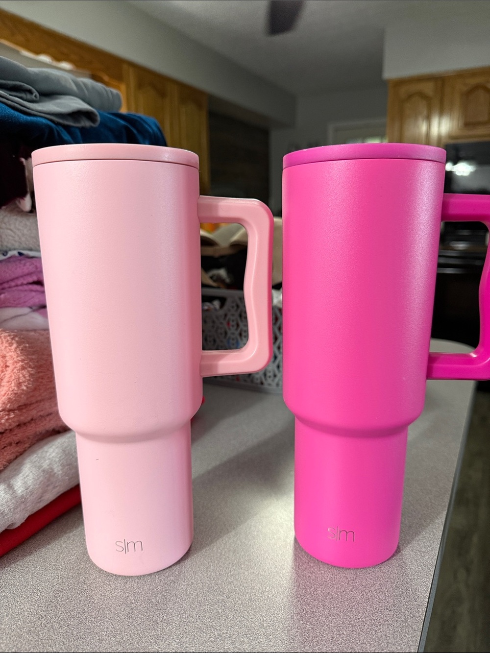 Slim Matte Insulated Travel Mugs with Handle - Pink & Hot Pink (Set of 2)